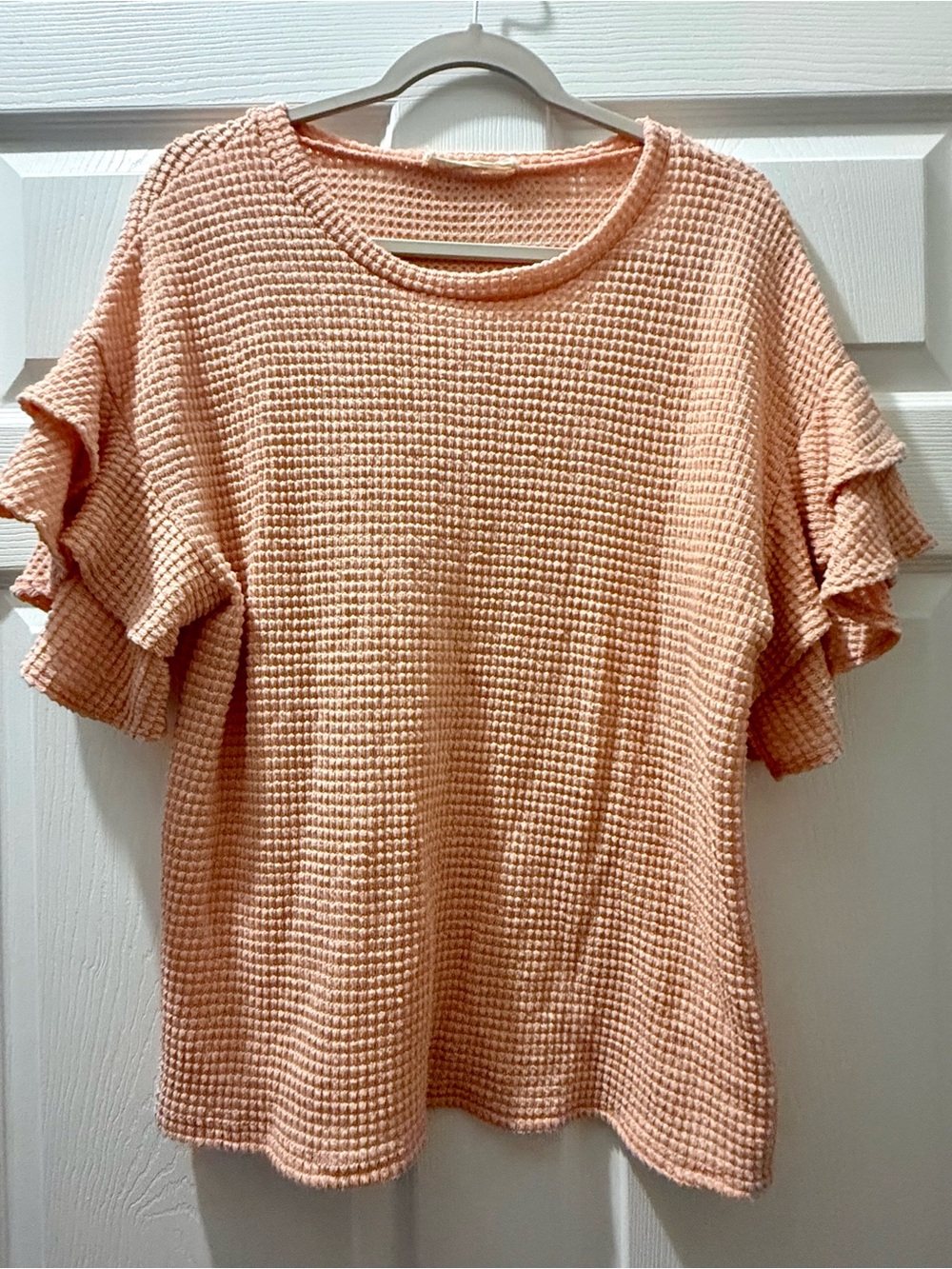 Vine & Love Boutique Women's Peach Waffle Knit Ruffle Sleeve Top (oversize)